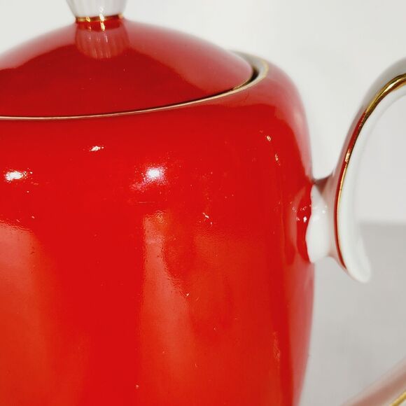 Chodziez Footed Coffee Teapot Red MCM Vtg Poland Ceramic Retro Tall Gold Trim - Picture 5 of 15